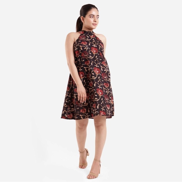 Boho Red and Black Floral Cotton Halter Neck Mini Sundress Tunic - Picture 1 of 7